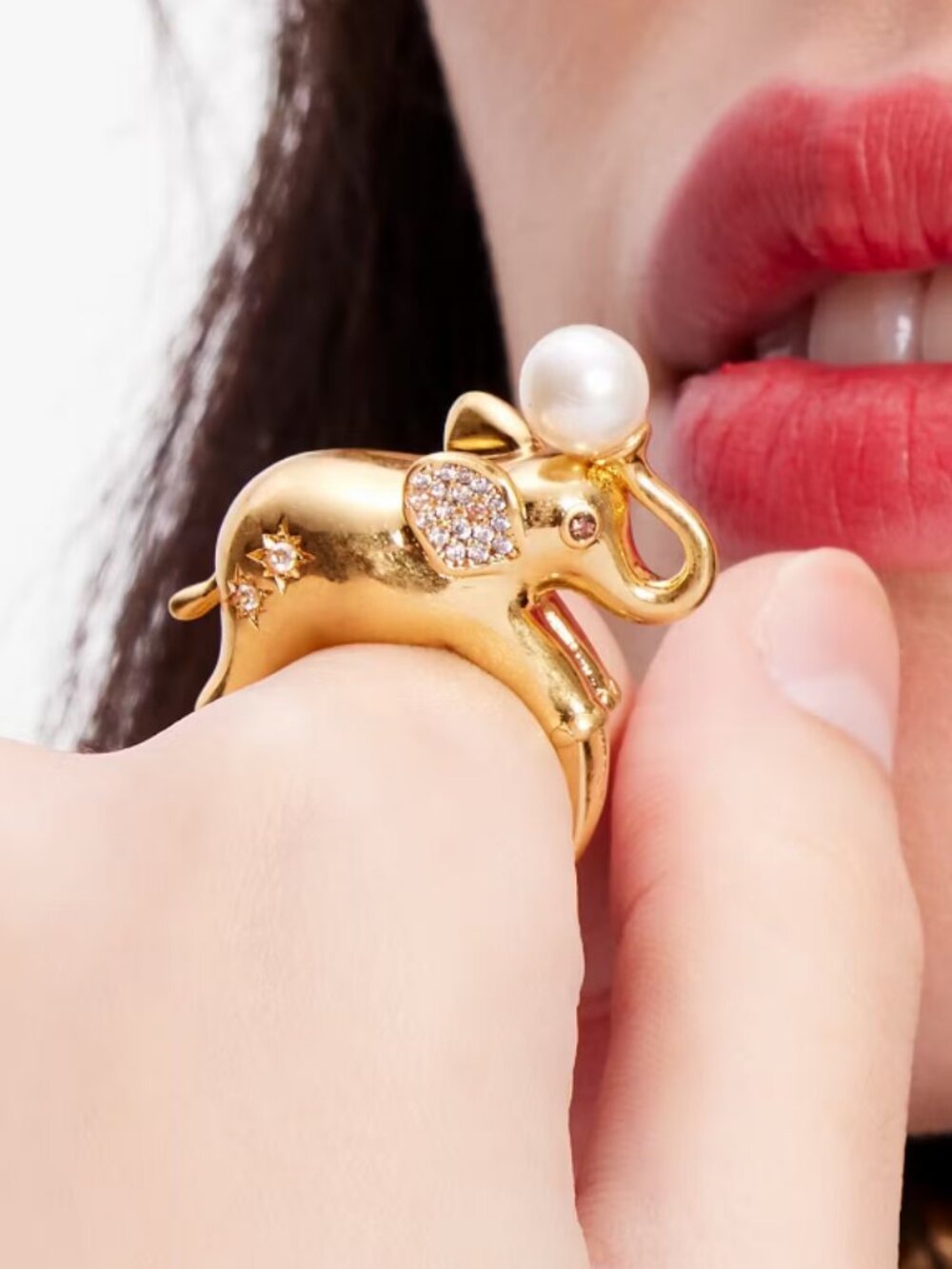 Kate Spade Winter Carnival Elephant Ring Gold Statement w/ Genuine Pearl Accent